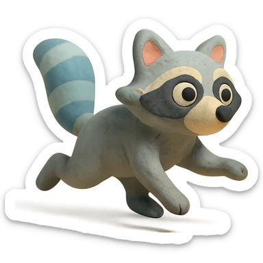 matte plasticine claymation style raccoon running with visible fingerprints and pastel colors sticker