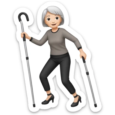 old woman with short hair, dressed with pants,  dancing with crutches sticker
