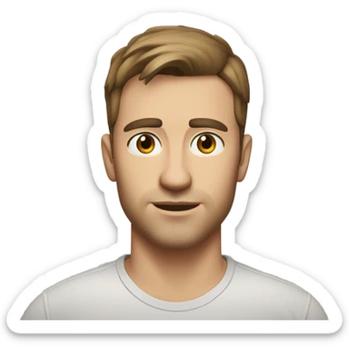 A head and shoulders shot of a 31 year old Caucasian man, with short brown hair,   with brown eyes wearing a t-shirt. sticker