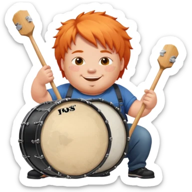 A chubby orange hair fan pounding a bass drum, cheeks puffing with energy with paints on his cheeks sticker
