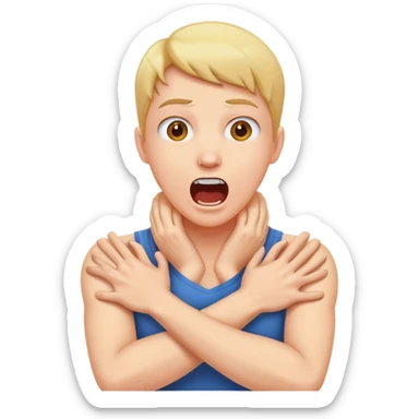 arms crossed grabbing neck with screaming sticker