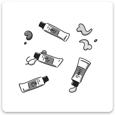 Art paint tubes with different colors squeezed out in pastel colors (dd9fb0, ffc6d3, a3bfc9, c4bee2, f1b091), hand-drawn doodle style sticker