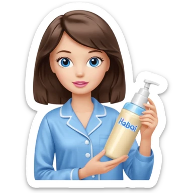 Barbie girl with makeup, blue eyes , and bob long haircut wavy, short brown hair in creamy color pajamas, face cream in hand sticker