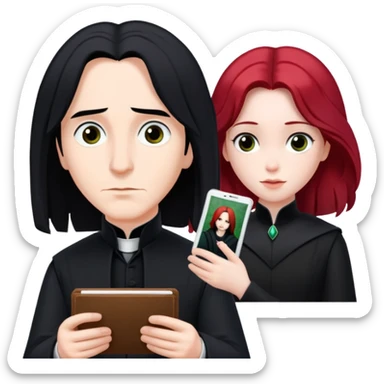 Severus Snape with black hair looking at a photo of Lily with red hair sticker