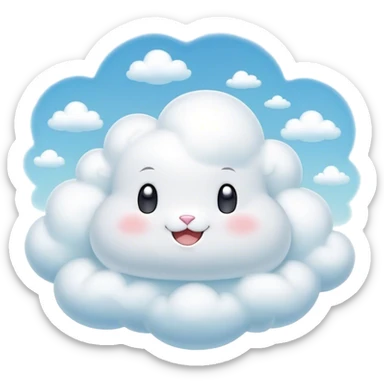 Cinematic tiny puffy bunny-shaped cloud, floating gently in the sky, soft glowing light, tiny rounded ears, smiling face, dreamy and magical. sticker