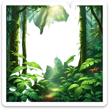 Cinematic Realistic Rainforest Emoji, Lush and vibrant, filled with towering trees, thick vines, and dense green foliage, sunlight filtering through the canopy above, creating dappled patches of light on the rich, diverse undergrowth. The air is heavy with moisture, with mist rising from the forest floor and distant calls of exotic birds and animals echoing through the trees. Soft glowing outline, capturing the essence of a thriving, untamed tropical paradise filled with life! sticker