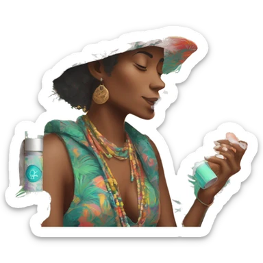 Person vaping wearing a colourful vibrant tropical patchwork of intricate vintage patterns, vape sticker