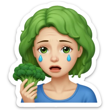 Woman crying eating broccoli. make tears blue color sticker