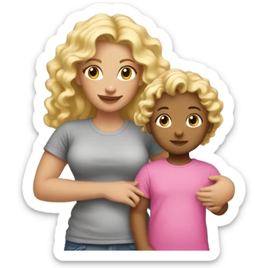 girl with blond hair and pink t-shirt holding baby with curly blond hair in grey t-shirt sticker