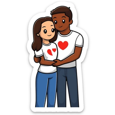 A couple embracing, man with mestizo brown skin and slightly long straight dark brown hair, woman with fair skin and long dark brown hair, with white hearts around them sticker