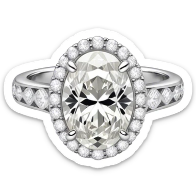 platinum oval diamond engagement ring with white diamond halo and white diamond band sticker