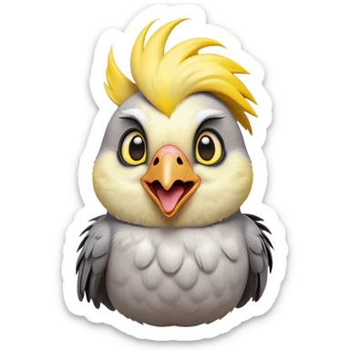 Cinematic Comical Cockatiel Portrait Emoji, Head tilted dramatically with an exaggeratedly amused expression, featuring a striking grey fur with bold yellow accents and a flamboyant crest, wide, expressive dark eyes filled with playful disbelief, Simplified yet hilariously expressive features, highly detailed, glowing with a slightly sassy glow, high shine, dramatic yet playful, stylized with an air of cheeky mischief, bright and endearing, soft glowing outline, capturing the essence of a spirited and over-the-top cockatiel, so meme-worthy it feels like it could side-eye its way into internet fame instantly! sticker