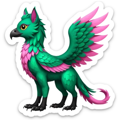 Emerald-green gryphon-Trico-fusion-hybrid with a long tufted tail, black beak, pink swirly pattern markings, black claws, black tail, majestic, realistic, furry (full body) sticker