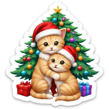 two hugging blonde happy fluffy cute smiling kittens with Santa hats by a colorful multicolored brightly lit up Christmas tree sticker