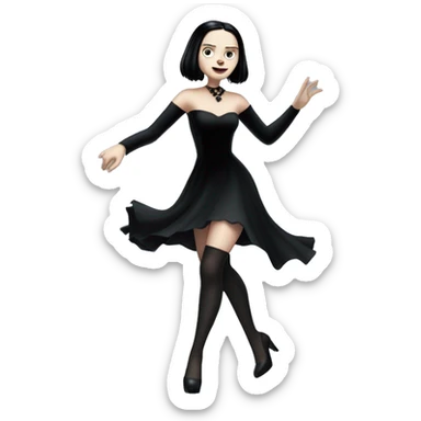 Wednesday Addams dancing with wolves. Longer hair, short black flowing strapless evening gown with  plunging neckline that’s off-the-shoulders that also shows her legs and black shiny velvet high heel shoes. sticker