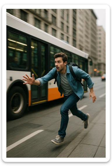 a man running to catch a bus, dynamic pose, urban setting sticker