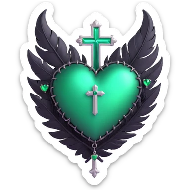 3D emoji gothic heart, emerald green glass, silver cross, feather accents sticker