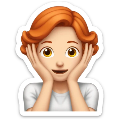 woman redhead grimaces who is covering her ears with hand sticker