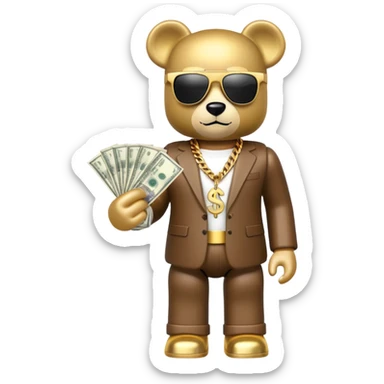 hustler bearbrick toy figure wearing gold chain, sunglasses and money sticker