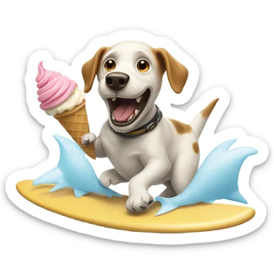 Dog on surfboard eating ice cream cone running away from a shark sticker