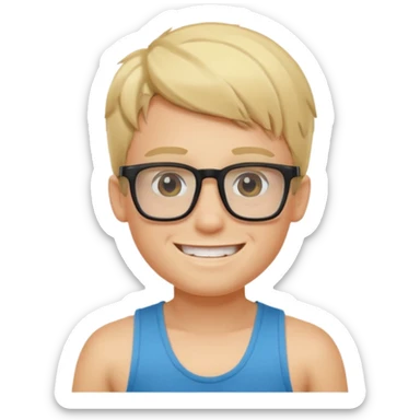portrait of boy, wearing a tank top, square glasses, grinning face, blond hair sticker