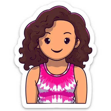 Friendly maternal woman with fair skin, long dark brown curly hair, large almond eyes, full lips, wearing bright pink tie-dye tank top, warm welcoming smile sticker