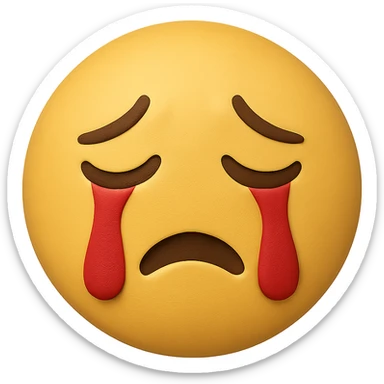 yellow crying face emoji, matte finish, red tears, no background sticker