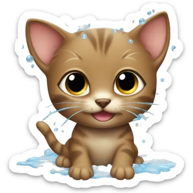 Little brown kitten taking a shower with bubbles  sticker