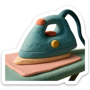 close-up of iron gliding over fabric on ironing board, soft lighting, pastel colors, claymation style sticker