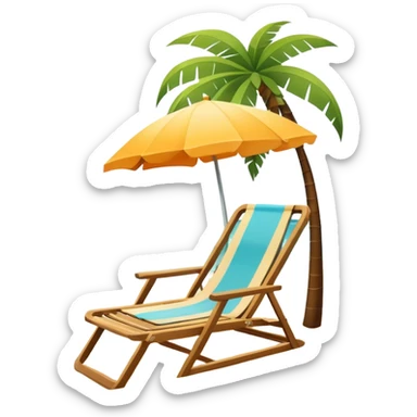 Icon for Beach Tourism: a sunny beach with waves, lounge chair and palm trees, a snorkel mask, capturing the essence of tropical beach relaxation. The icon should feel bright and carefree, without a frame. Transparent background. sticker