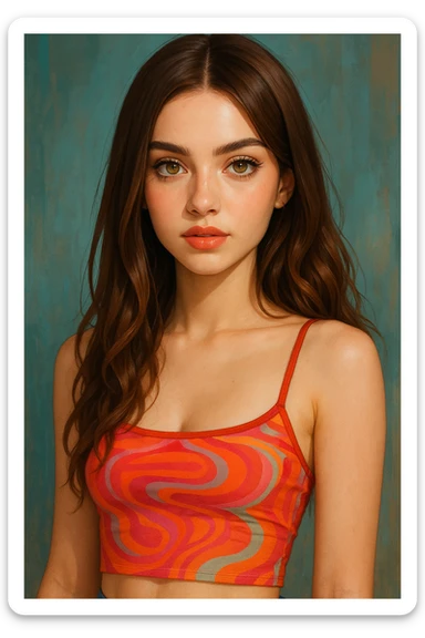portrait of a girl with brown hair, both straight and wavy, hazel eyes, wearing a baddie style summer top, pale skin sticker