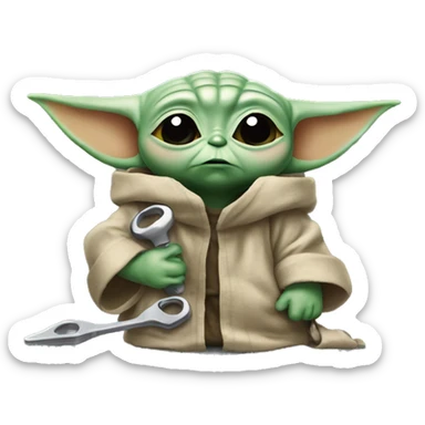 Baby Yoda  with a wrench and tired expression. tired from long repair, wipes the sweat off his face. sticker