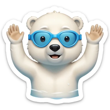 friendly anthropomorphised polar bear swimming freestyle in a pool with excited expression wearing blue swimming goggles sticker