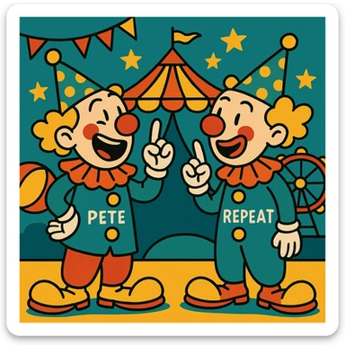 Pete and Repeat as two identical clowns, one telling a joke and the other repeating it, whimsical circus style sticker