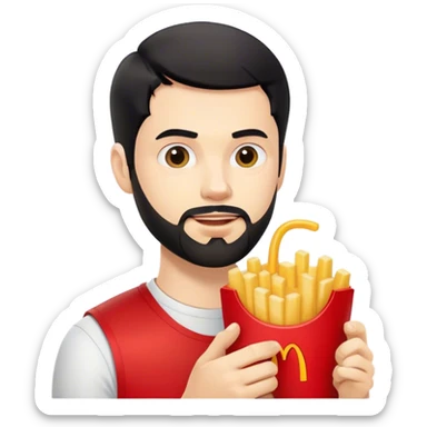young white man with black short beard and short black hair eating mc Donald’s  sticker