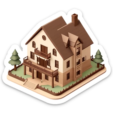 Isometric exterior brown and beige Zion National parks hotel lodge, dollhouse style 3D realistic  sticker