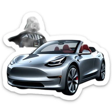 Darth Vader driving an open top black Tesla Model 3, with grey seats, front view sticker