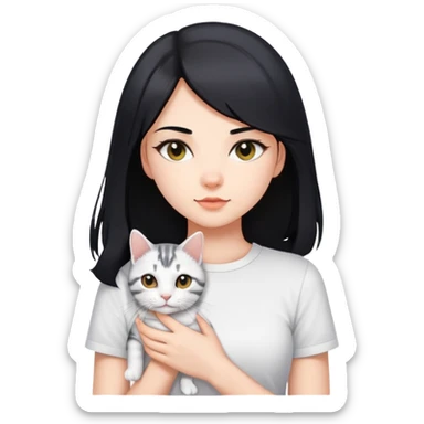 Long black hair beautiful girl wearing a white short-sleeved shirt tightly holding an American shorthair sticker