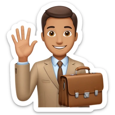 Friendly salesman with briefcase presenting product sticker