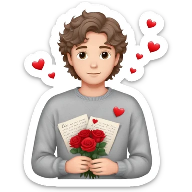 Pretty romantic boyfriend with soft eyes and wavy hair, holding roses and love letters, heart sparkles around him, wearing cozy sweater, dreamy  sticker