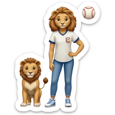 confident anthropomorphised female lion wearing a baseball shirt, jeans, and trainers, showing comfort and support to another character sticker
