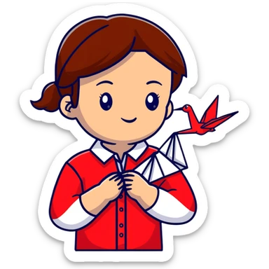 Ukrainian young girl with brown hair wearing an embroidered shirt holds an origami red crane sticker