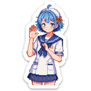 Pixel art anime girl with short bright blue hair wearing Japanese sailor style school uniform, composed posture with hand on hip but shyly waving with other hand, blushing face and timid smile, very shy expression sticker