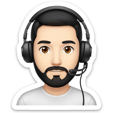 A person with black hair, brown eyes, a black beard, wearing a gaming headset sticker
