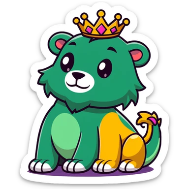 A majestic lion king with a crown facing a colorful dinosaur sticker