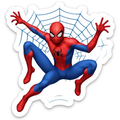 A high-quality die-cut sticker of Spider-Man in a dynamic web-swinging pose. Bold black outlines, classic red and blue suit, vibrant colors, Ben-Day dots textures. Flat 2D vector art style, white border around the edge, isolated on a plain white background, 4k resolution sticker