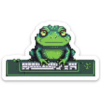 Pepe the frog meme character coding on computer, green frog with sad eyes typing on keyboard sticker