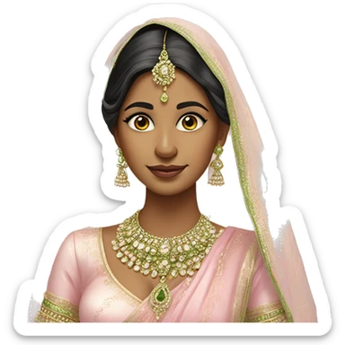 indian bride in baby pink outfit and pistachio green jewellery she also has a beauty mark on the lower right cheek near her lips sticker