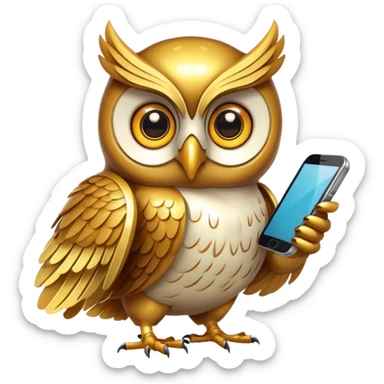 golden owl with shiny feathers. Holds a phone in the wing sticker