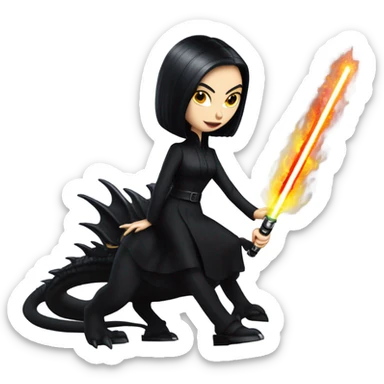  beautifully dressed teen Morticia Addams Jedi riding on the back of a very large black shiny evil-looking fire-spewing dragon. proper scale sticker